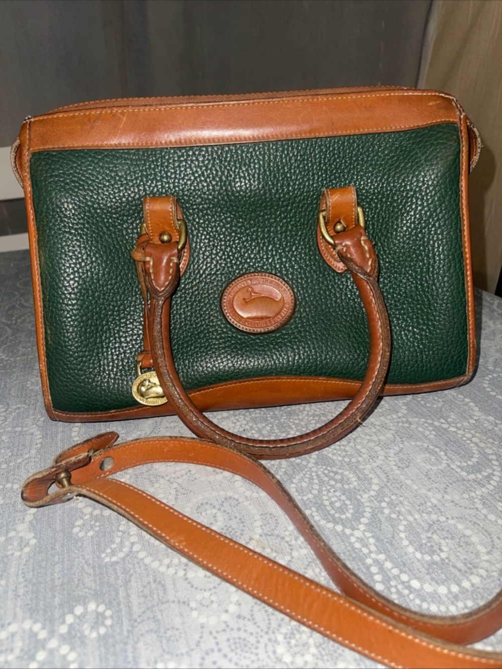 Vintage Dooney & Bourke AWL Green Tan Leather Crossbody Handle